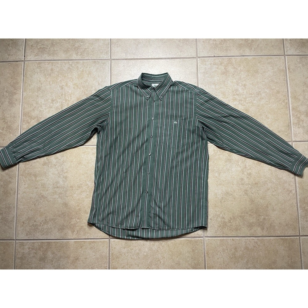 Lacoste Shirt Adult 42 Green Red Striped regular Fit Cotton Long Sleeve